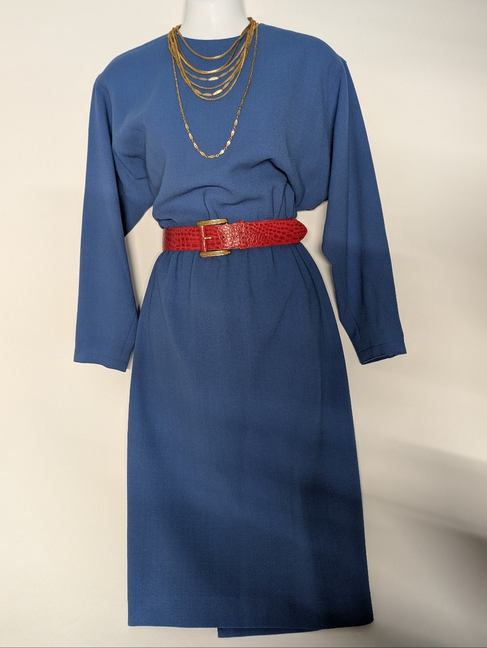 Elegant Blue Long-Sleeve Handmade Sapphire Vintage Bat Wing Pencil Dress Classic - Picture 4 of 13